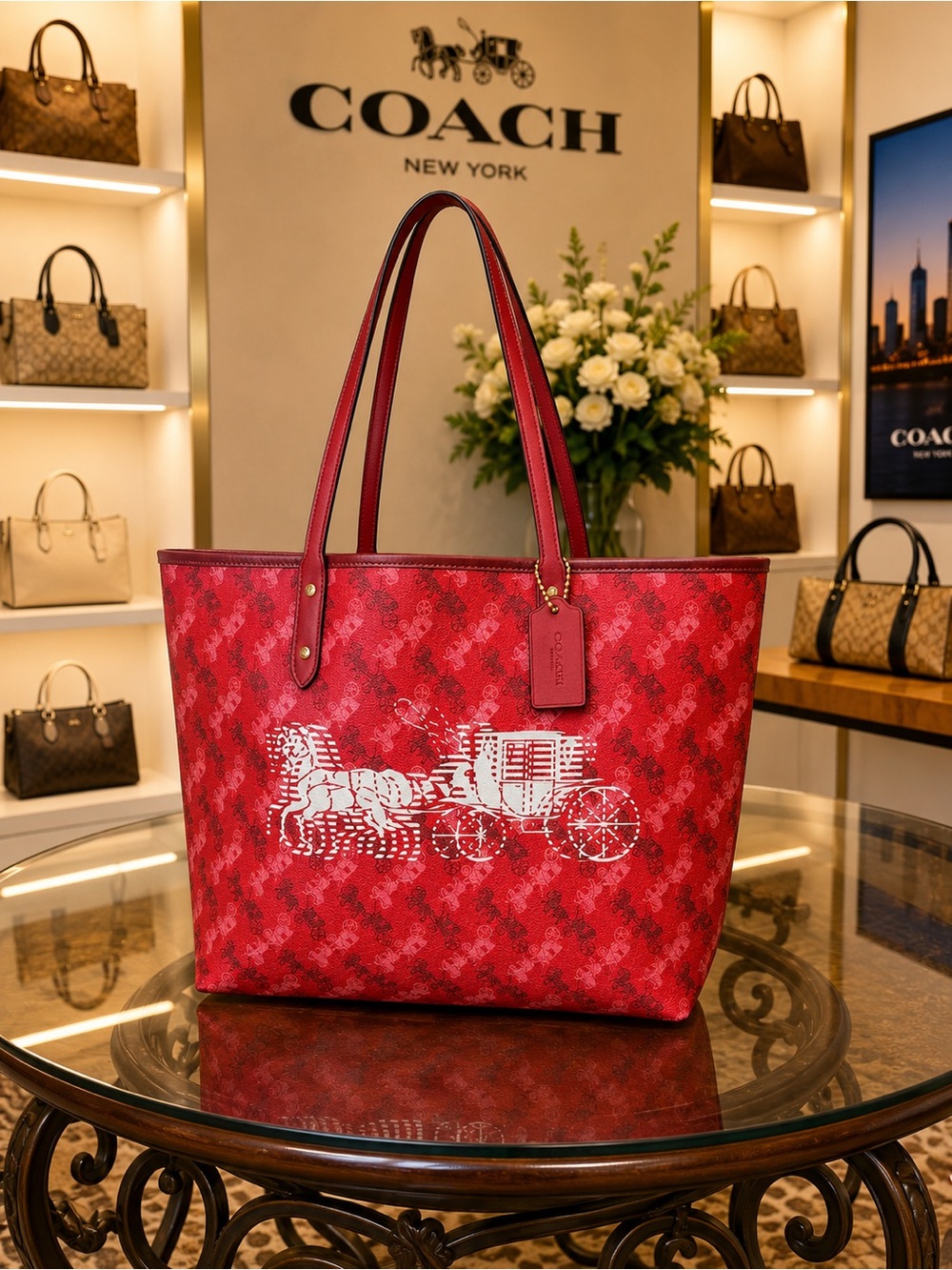Coach Red Signature Tote with White Horse & Carriage Graphic